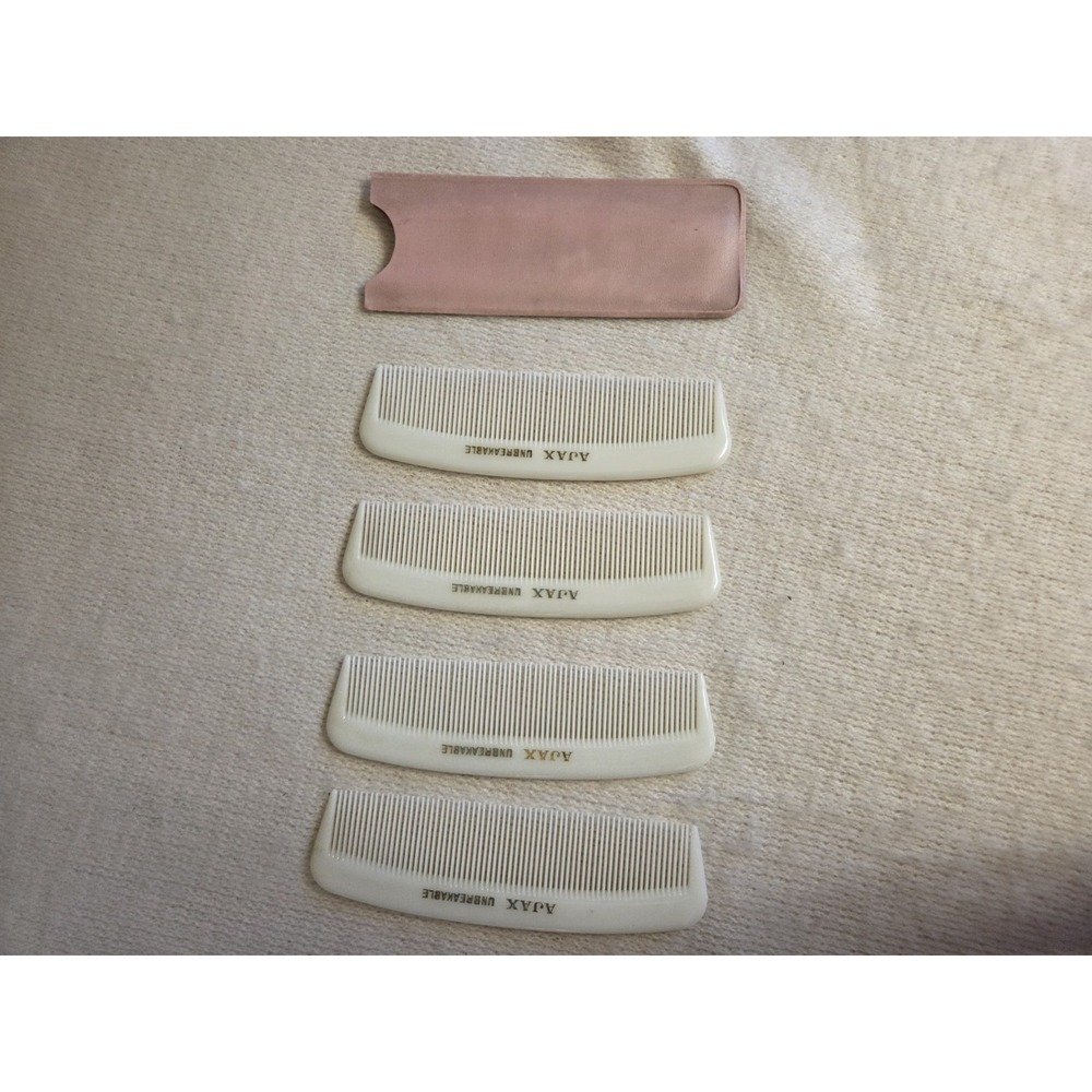 Vintage AJAX "Unbreakable" White Pocket Combs Set w/ Pink Vinyl Case Mid‑Century
